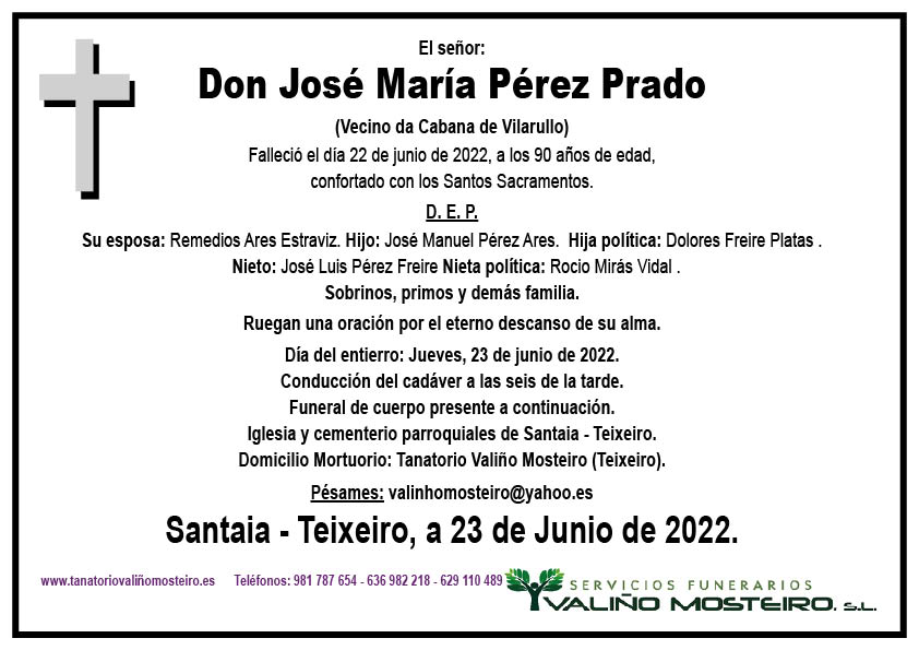 Esquela de José María Pérez Prado.